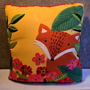 Karma Living Garden Fox Throw Pillow Embroidered‎ Woodland Details Yellow